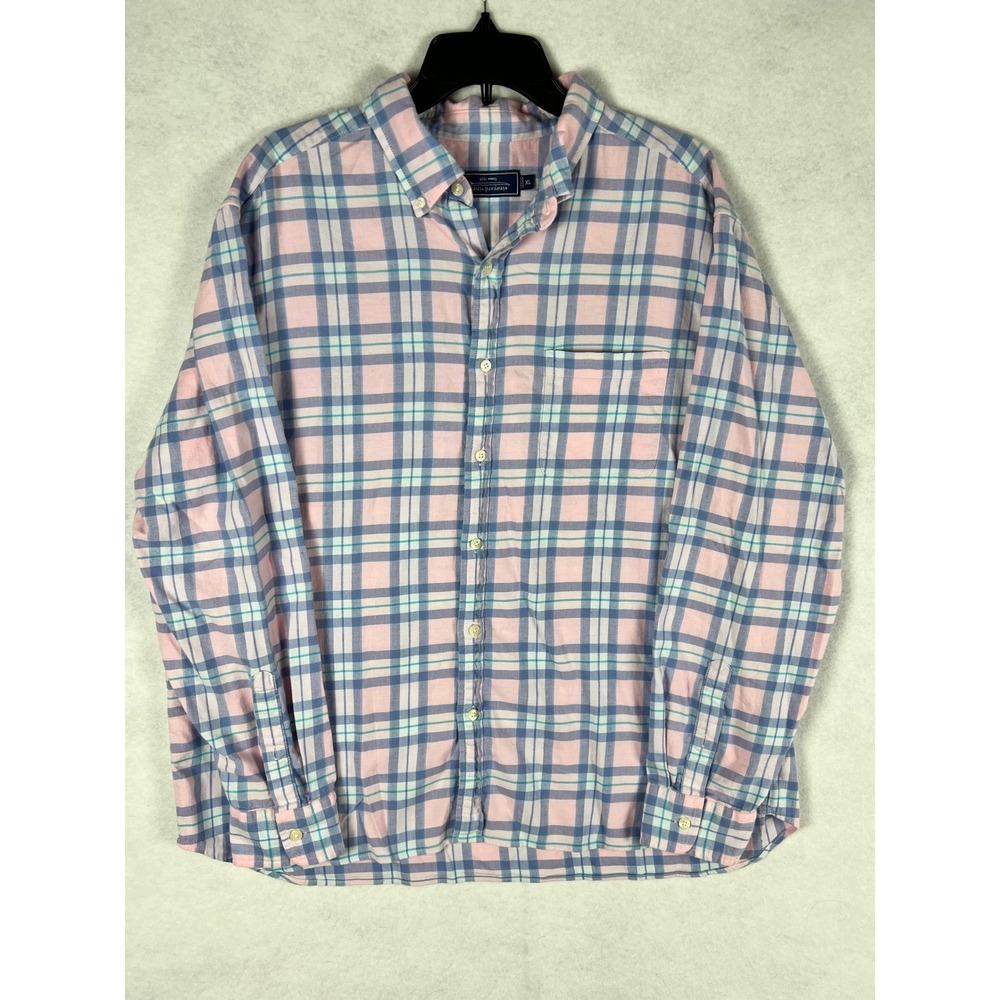 Vineyard Vines Mens XL Pink Blue Plaid Cotton Button Down Shirt Upside down tag